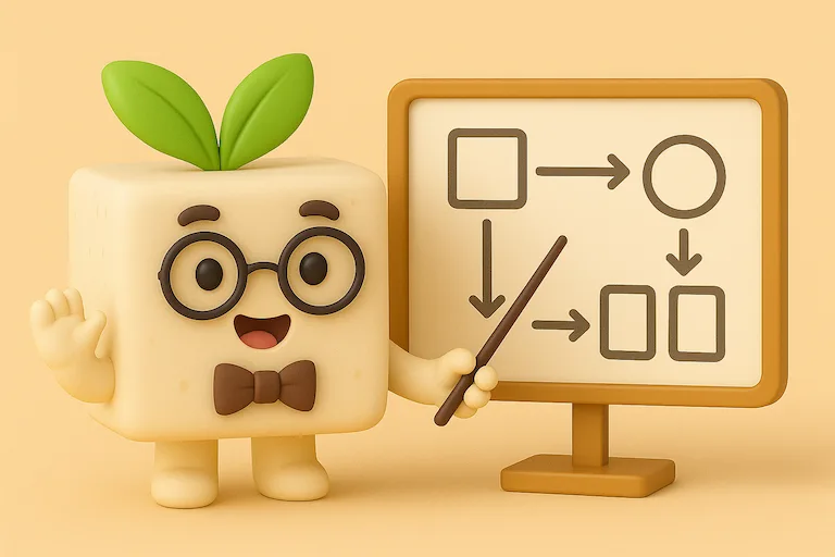 Toffu mascot with glasses at desk with laptop and student profile, representing lead research and management