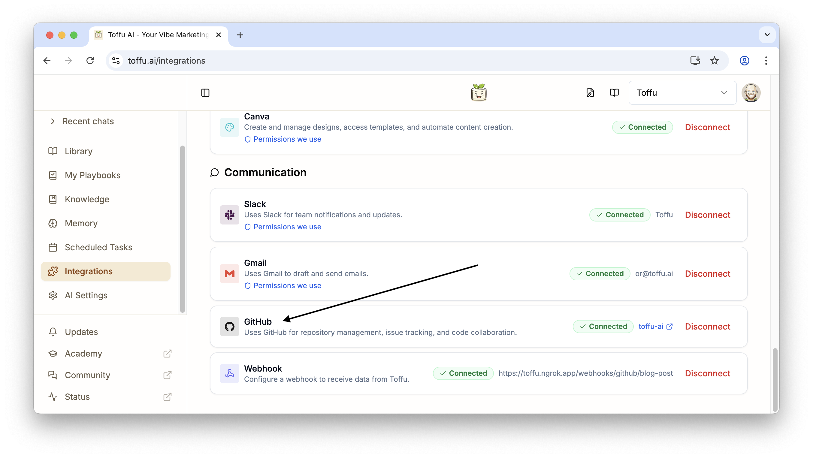 Toffu GitHub Integration
